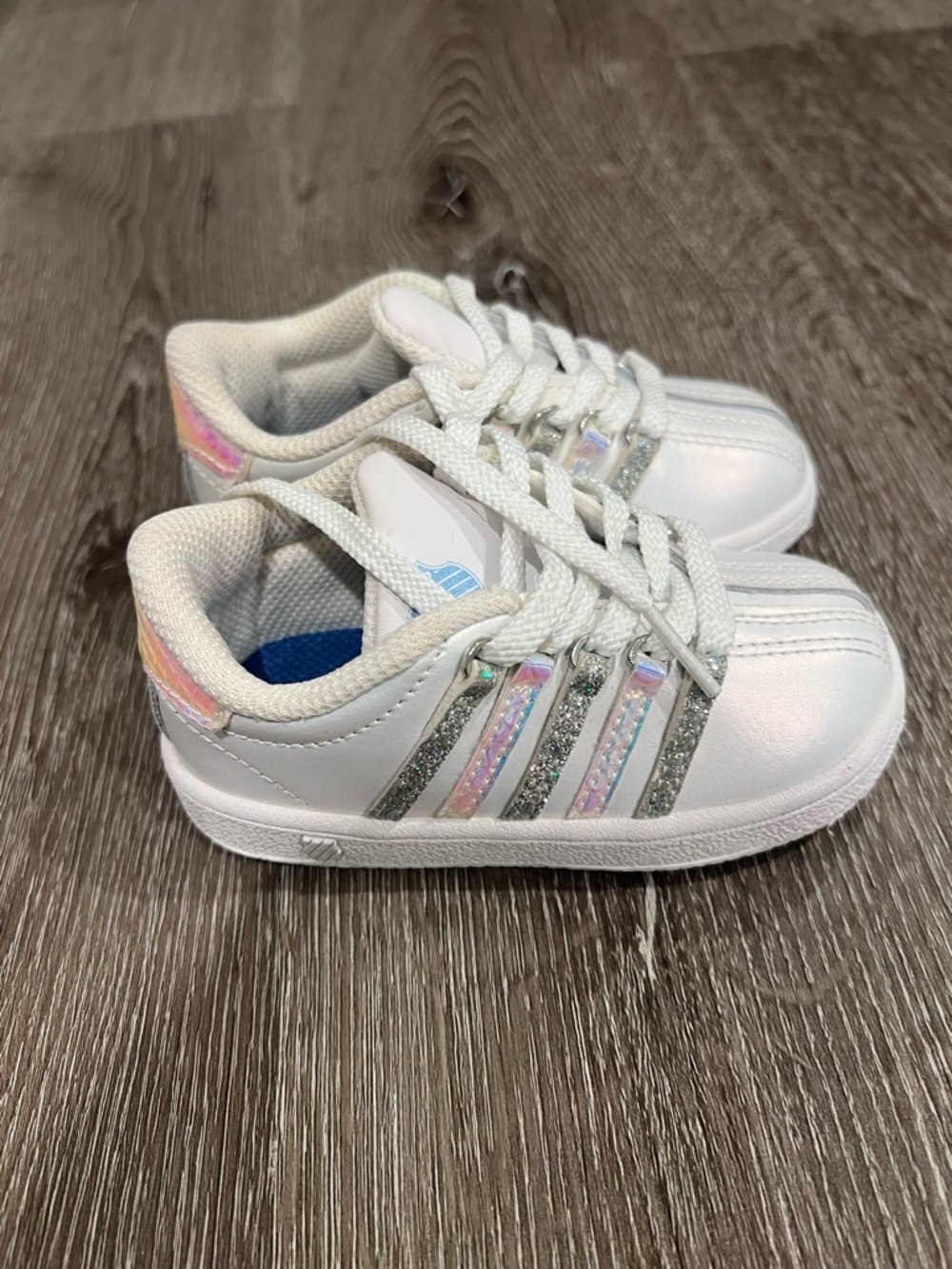 Kids K Swiss Toddler White Sneakers with Iridescent and Silver Accents